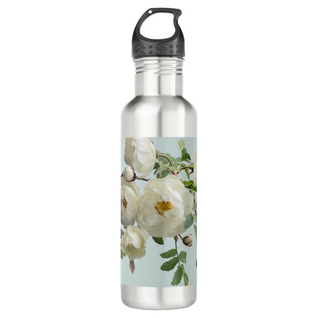 Weiße Rosen auf verträumtem Grün Edelstahlflasche (Vorderseite)