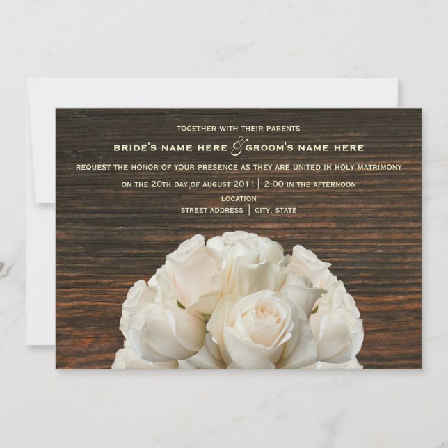 Weiße Rosen & Barnwood Einladung zur Hochzeit (Vorderseite)