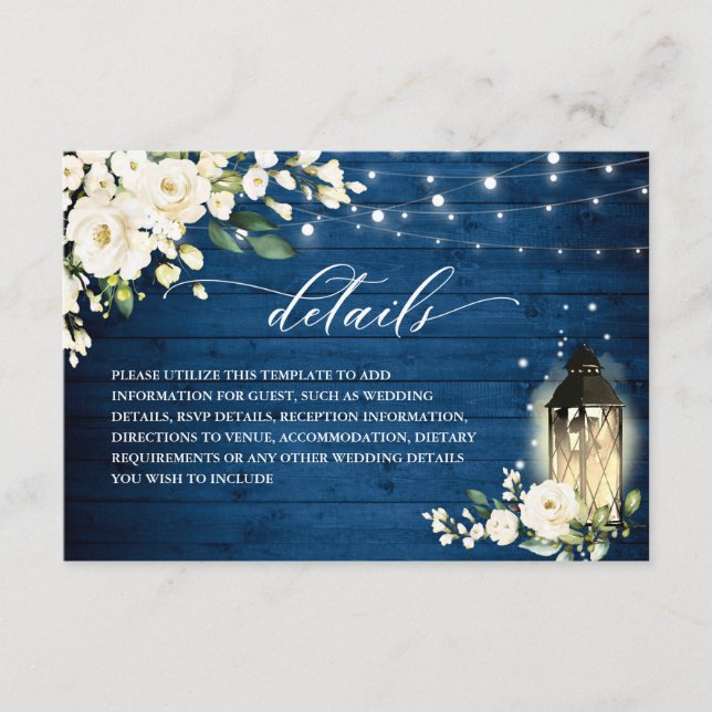 Weiße Rosen Blau Holzlattern Hochzeitsdetails Begleitkarte (Vorderseite)