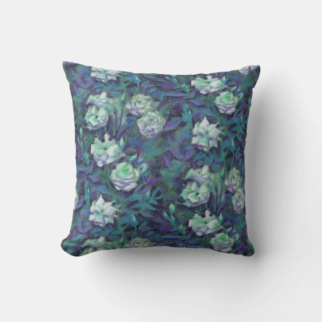 "Weiße Rosen, blaue Blätter", nostalgischer Blumen Kissen (Vorderseite)