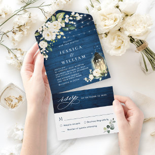 Weiße Rosen Blaue Holz Laterne Hochzeit All In One Einladung