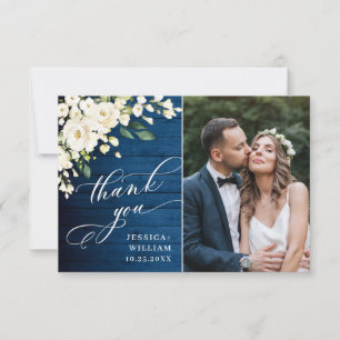 Weiße Rosen Blaue Holzlaterne Foto Hochzeit Dankeskarte