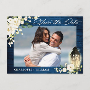 Weiße Rosen Blaues Holz FOTO Hochzeit Save the Dat Postkarte