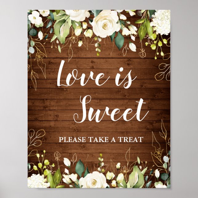 Weiße Rosen Blumengrün Hochzeit Dessert Bar Poster (Vorne)