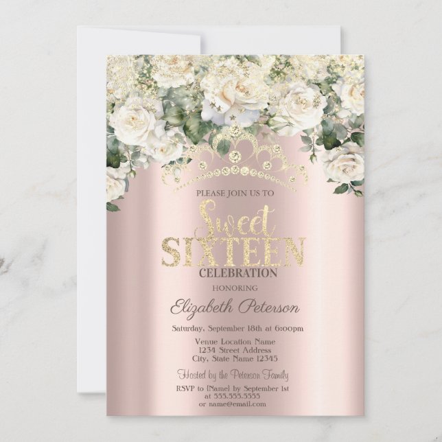 Weiße Rosen, Confetti, Kronen-Rose Gold Süß 16 Einladung (Vorderseite)