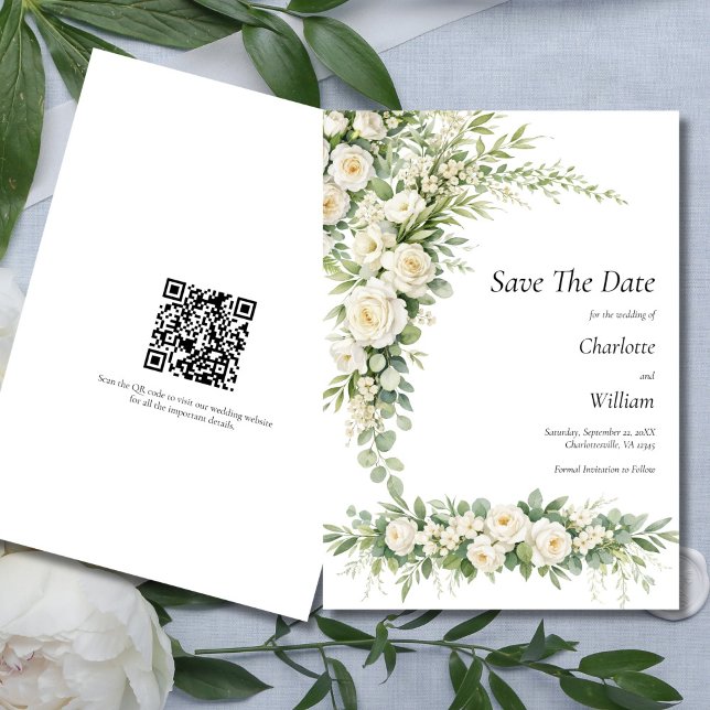 Weiße Rosen Cream Hochzeit Termin QR Code Einladung (White Roses Cream Florals Watercolor Elegant Wedding Save the date card)