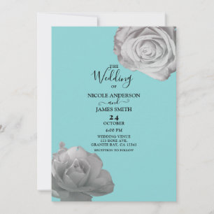 Weiße Rosen Elegante Blumen Türkisblaue Hochzeit Einladung