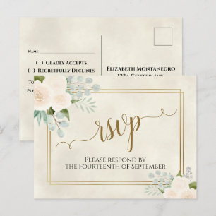 Weiße Rosen & Eukalyptus Gold Hochzeit RSVP Postkarte