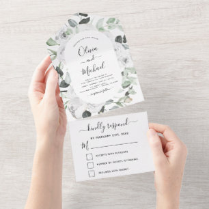 Weiße Rosen Eukalyptus Hochzeit RSVP All In One Einladung