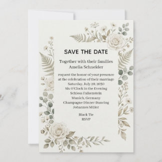 Weiße Rosen-Farn-Grün Save-the-Date-Einladung Einladung