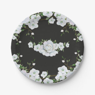 Weiße Rosen Floral und Holzkohlegrau Brautdusche Pappteller