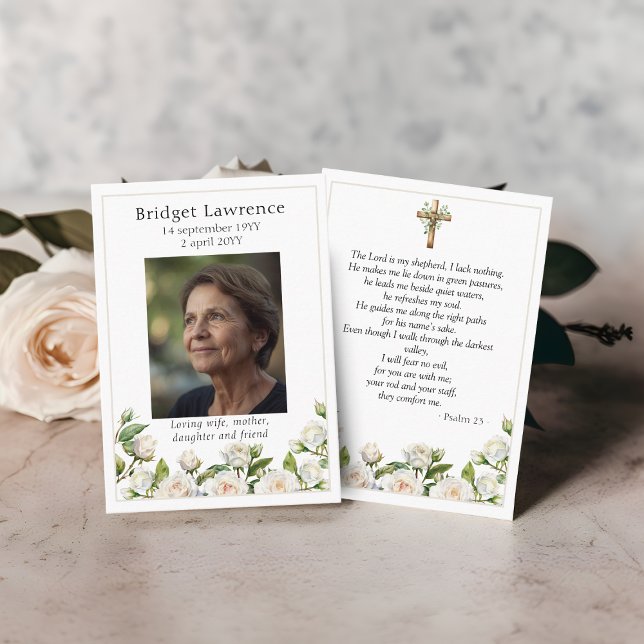 Weiße Rosen Gedenkfotos Psalm 23 Gebetskarte Visitenkarte (Von Creator hochgeladen)