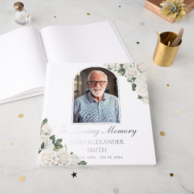 Weiße Rosen Gedenkstätte Beerdigung Foto Silver Gästebuch (Vorderseite Offen)