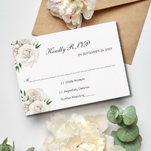 Weiße Rosen-Gold-Blumen-Formal-Elegante Hochzeit-R RSVP Karte