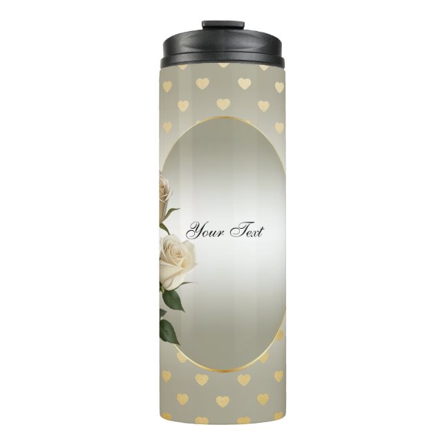 Weiße Rosen Gold Herzklopfen florale Wärmeleiter Thermosbecher (Vorderseite)