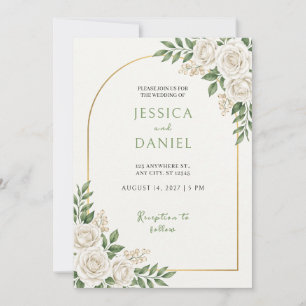 Weiße Rosen-Goldbogen-Rand-Hochzeitseinladung Einladung