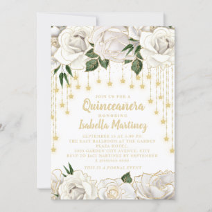 Weiße Rosen Goldene Lichterkette Stern Quinceañera Einladung