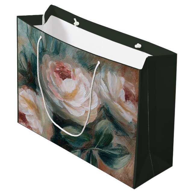 Weiße Rosen Große Geschenktüte (Vorderseite Schrägansicht)