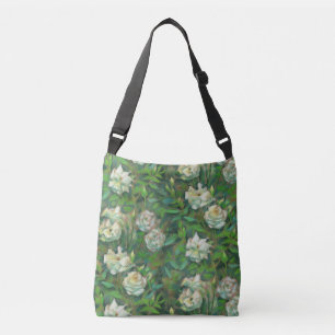 "Weiße Rosen, grüne Blätter", Blumenmuster Tragetaschen Mit Langen Trägern
