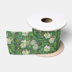 "Weiße Rosen, grüne Blätter", botanisches Muster Satinband