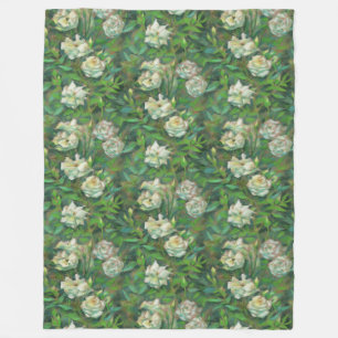 "Weiße Rosen, grüne Blätter", wunderschöne Blume Fleecedecke