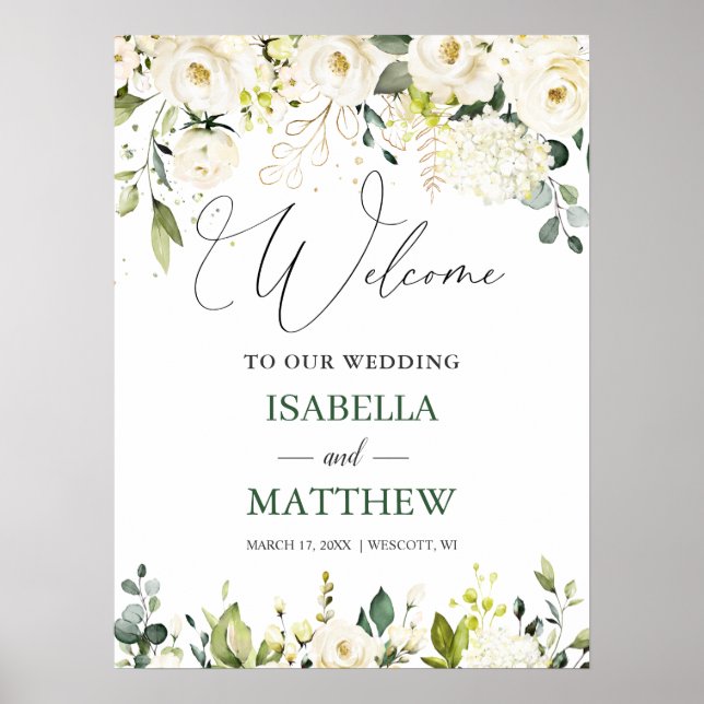 Weiße Rosen Grüne Hochzeit Begrüßungszeichen Plaka Poster (Vorne)