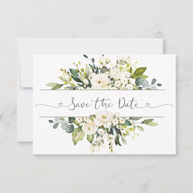 Weiße Rosen Grüne Hochzeit speichern das Datum (Vorderseite)