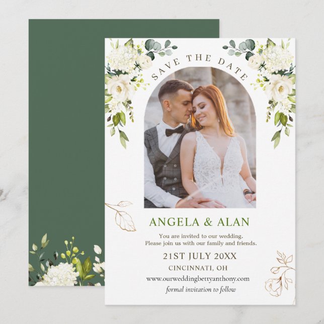 Weiße Rosen Grüne Hochzeit speichern das Datum Einladung (Vorne/Hinten)