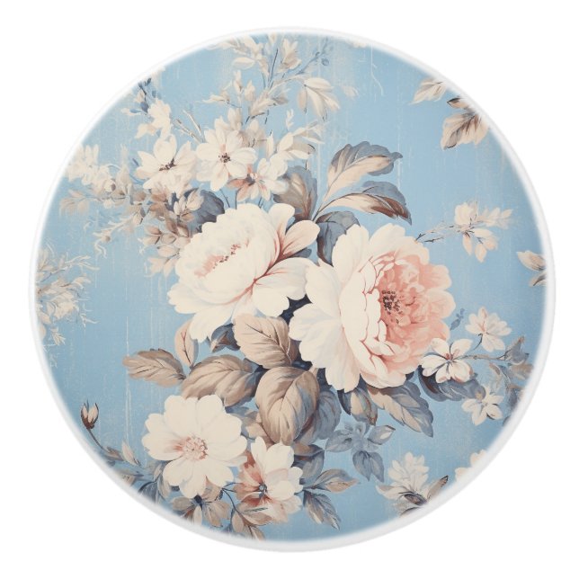 Weiße Rosen im rustikal-blauen Hintergrund Keramikknauf (Vorderseite)