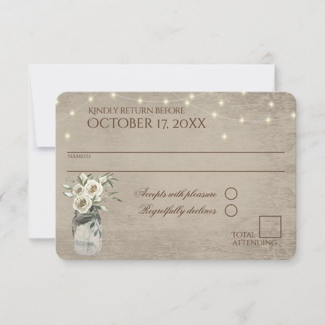 Weiße Rosen in Jar mit Lichtern Rustikale UAWG Hoc RSVP Karte (Vorderseite)