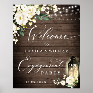 Weiße Rosen Laterne Rustikale Holz Hochzeitsparty Poster
