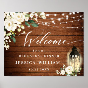 Weiße Rosen Laterne Rustikales Holz Probedinner Poster