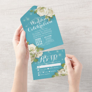 Weiße Rosen Lichterkette Blaugradient Hochzeit RSV All In One Einladung