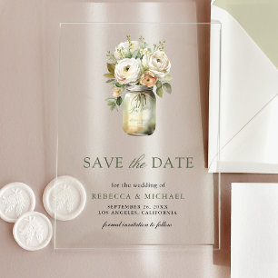 Weiße Rosen Mason Jar Hochzeit Termin vormerken Acryleinladungen
