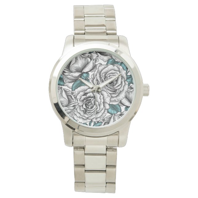 Weiße Rosen mit blauen Blätter Armbanduhr (Vorderseite)