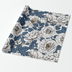 Weiße Rosen mit blauen Blätter auf Weiß Geschenkpapier