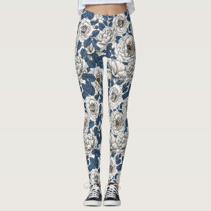 Weiße Rosen mit blauen Blätter auf Weiß Leggings