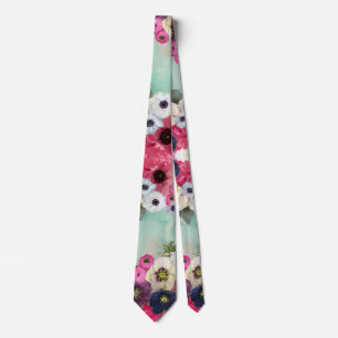 WEIßE ROSEN MIT ROSA ANEMONENBLUMEN IN BLAU AQUA KRAWATTE