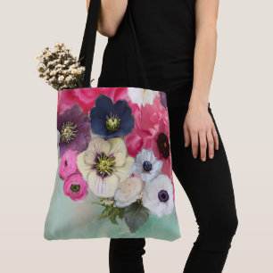 WEIßE ROSEN MIT ROSA ANEMONENBLÜTEN , BLAU TEAL AQ TASCHE
