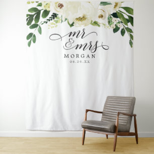 Weiße Rosen Mr & Mrs Hochzeitskulisse Banner Wandteppich
