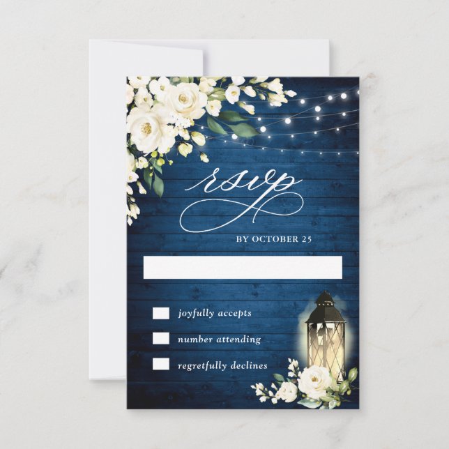 Weiße Rosen Rustikale Blauholzlattern RSVP-Karte RSVP Karte (Vorderseite)