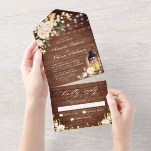 Weiße Rosen Rustikale Holz-Laterne Hochzeit All In One Einladung
