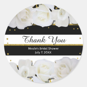 Weiße Rosen schwarze Streifen & Goldene Brautparty Runder Aufkleber
