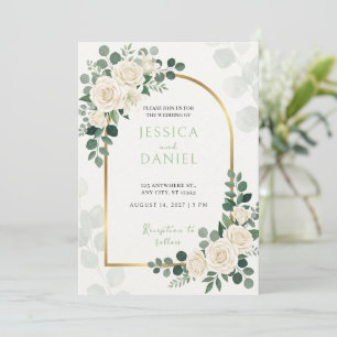 Weiße Rosen-Smaragd-Eukalyptus-Hochzeitseinladung Einladung