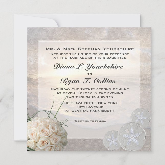 Weiße Rosen u. Diamant-Sand-Dollar-Hochzeit Einladung (Vorderseite)
