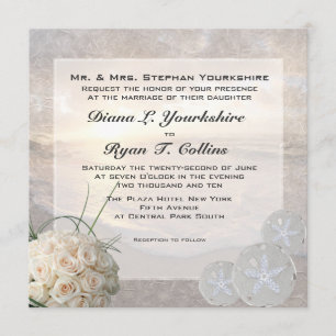 Weiße Rosen u. Diamant-Sand-Dollar-Hochzeit Einladung