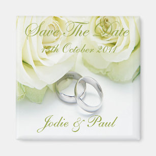Weiße Rosen u. Hochzeits-Ringe - Save the Date Magnet