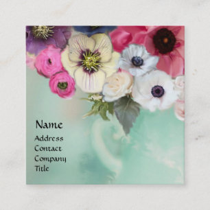 WEIßE ROSEN UND ANEMONENBLÜTEN QUADRATISCHE VISITENKARTE