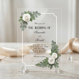 Weiße Rosen und Baby's Breath Acryl-Hochzeit Acryleinladungen