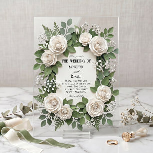 Weiße Rosen und Baby's Breath Acryl-Hochzeit Acryleinladungen